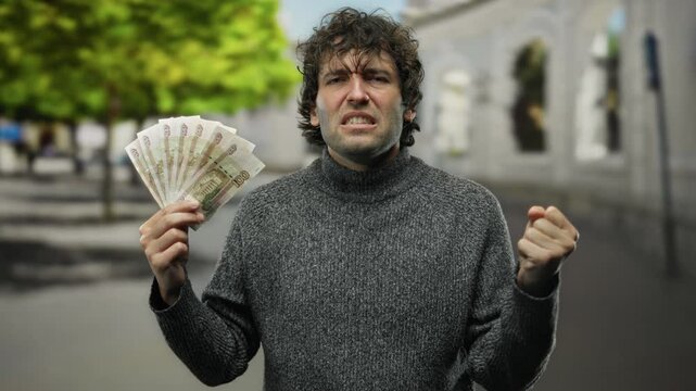 Hispanic man outdoors holding russian rouble banknotes on a city street expressing various emotions with the focus on money and urban environment.