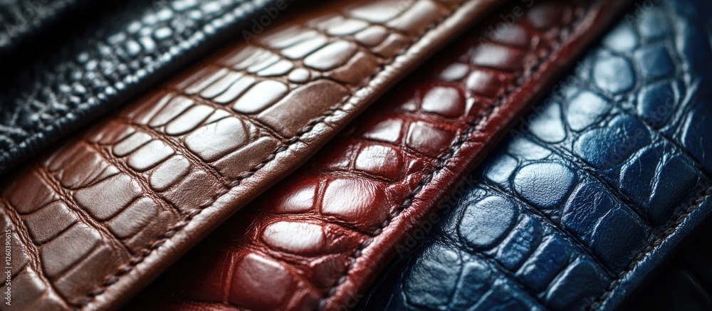 Poster close-up view of luxurious textured leather bags in various elegant colors and styles showcasing int