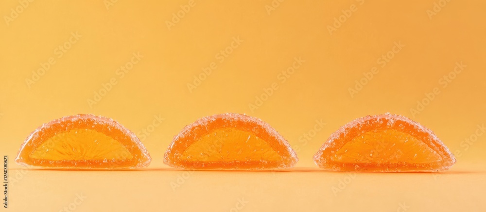 Poster three slices of vibrant orange candy on a bright yellow background with empty space for customizable