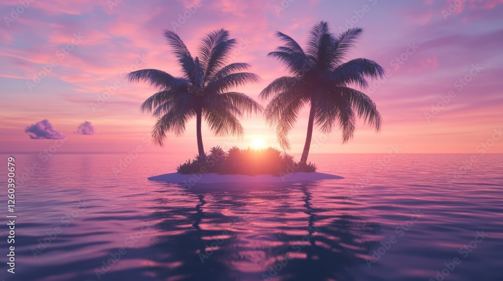 Poster tropical island paradise at sunset with palm trees and tranquil waters creating an ideal backdrop fo