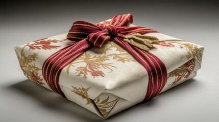 elegant gift wrapped in luxurious fabric with red ribbon