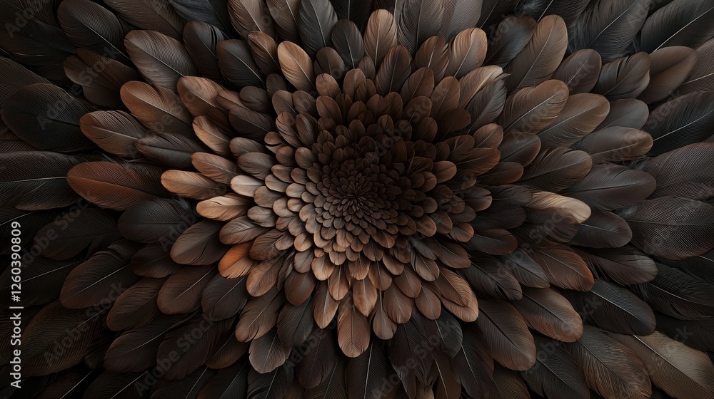Poster close-up of a flower-like structure made up of multiple layers of dark brown feathers.