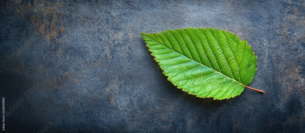 Aufkleber top view of a vibrant green plant leaf on a textured surface with ample space for text or design ele