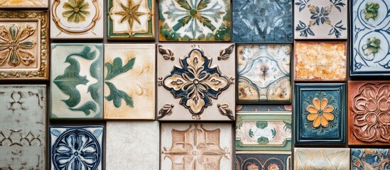 Collection of vintage ceramic tiles showcasing intricate patterns and designs ideal for home decor and renovation projects.