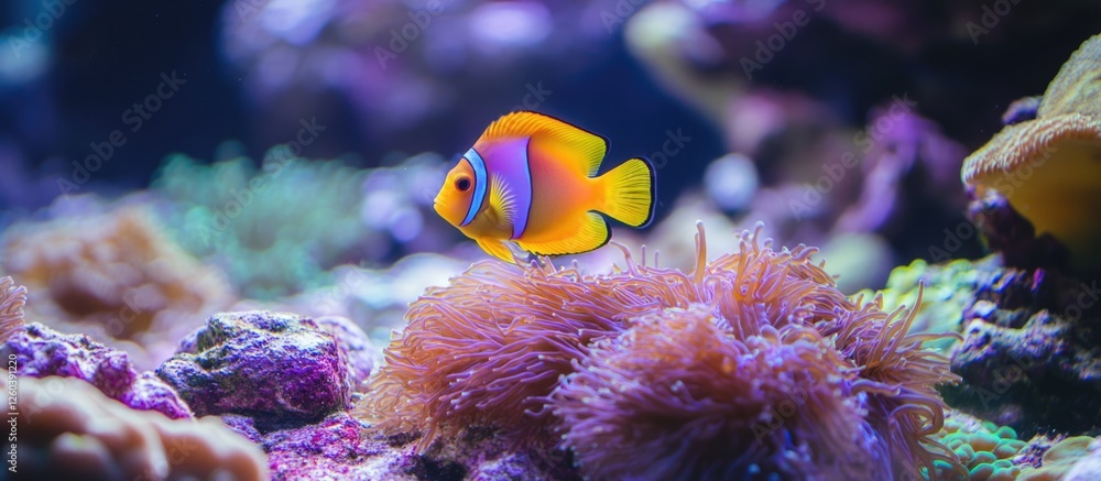 Poster tropical fish exploring vibrant coral reef with soft focus background providing ample space for over