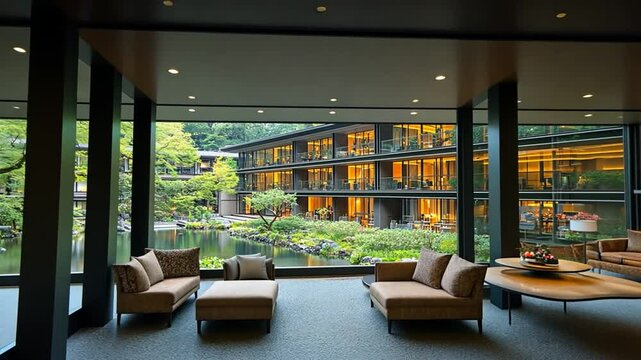 Luxurious hotel lobby overlooking tranquil garden
