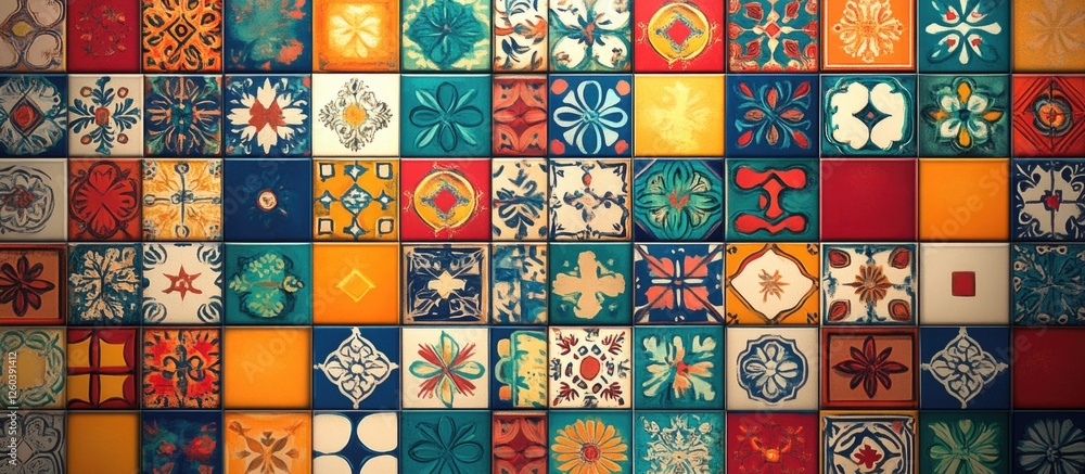 Poster colorful vintage tile backdrop featuring intricate alternating patterns in a range of vibrant hues f
