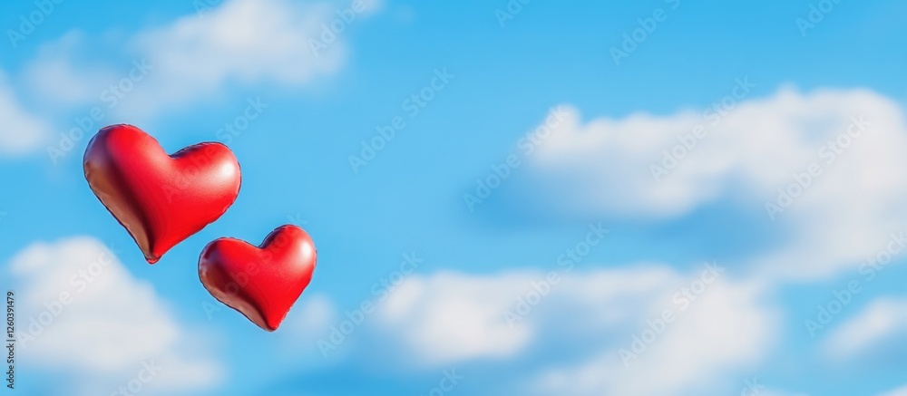 Poster romantic red hearts floating against a bright blue sky background with soft clouds and ample space f