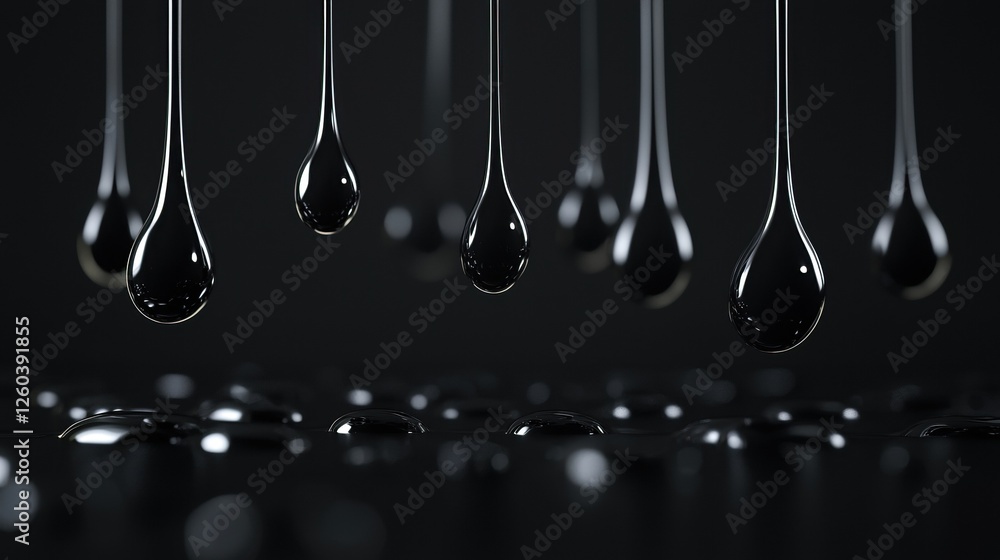 Poster black and white photograph of a group of droplets hanging from strings. the droplets are of differen