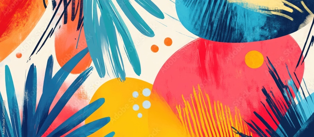 Poster vibrant abstract art composition with colorful shapes and tropical leaves creating a lively and ener