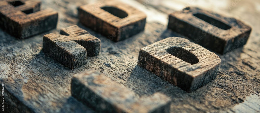 Poster wooden letters arranged on a textured weathered concrete surface creating a rustic and vintage typog
