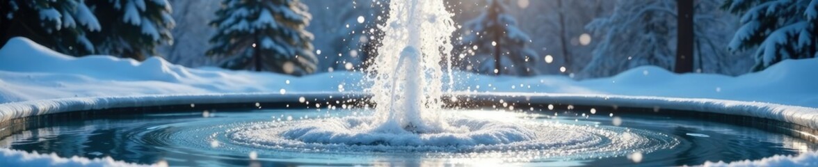 Snowflakes dance in the air around a frozen fountain, frozen fountain, frosty scene, icy water