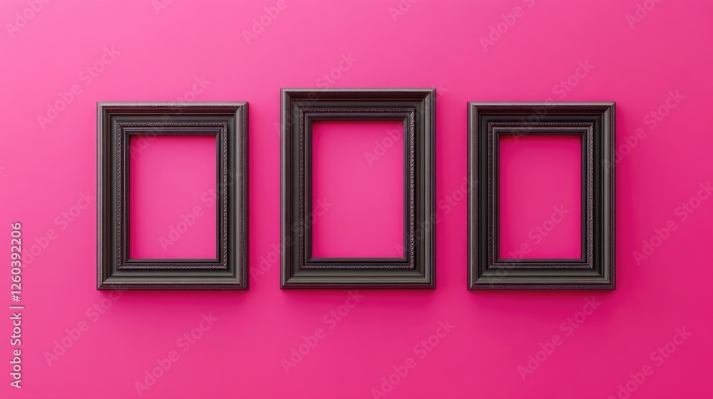 Poster three empty black picture frames on a vibrant pink background with ample space for personalized text