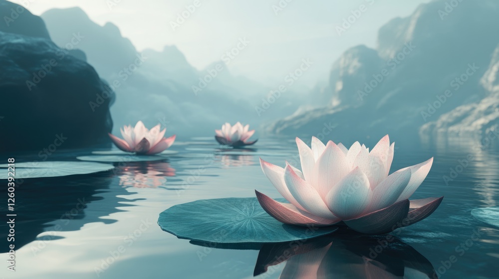 Poster tranquil lotus flowers floating on water with serene reflections and ample copyspace for text in a p