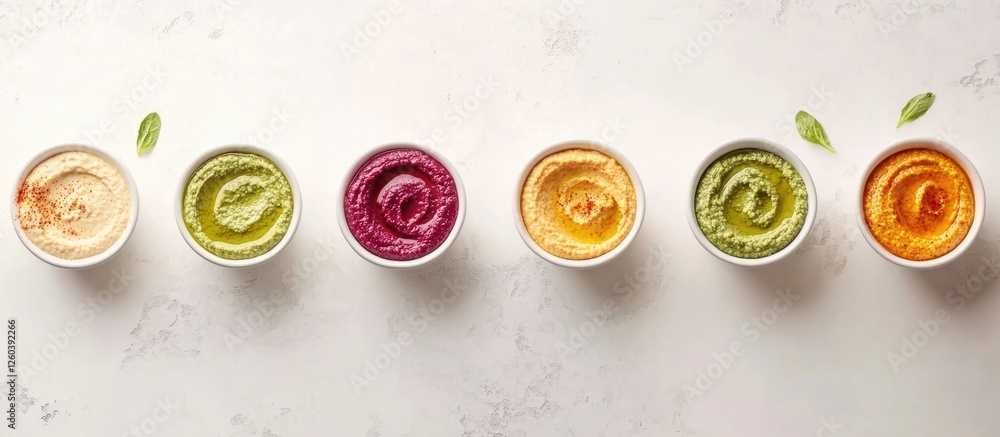 Poster assorted homemade hummus dips in bowls featuring beetroot spinach walnut pumpkin and paprika on a li