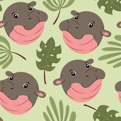 Seamless pattern with cute baby hippo faces with palm leaves. Hand drawn vector illustration