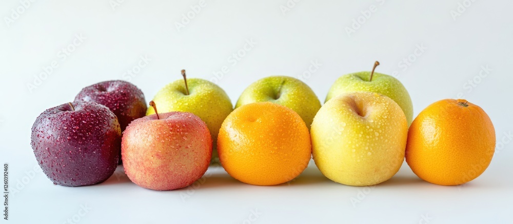 Poster fresh assortment of colorful fruits on a white background with ample empty space for text or promoti