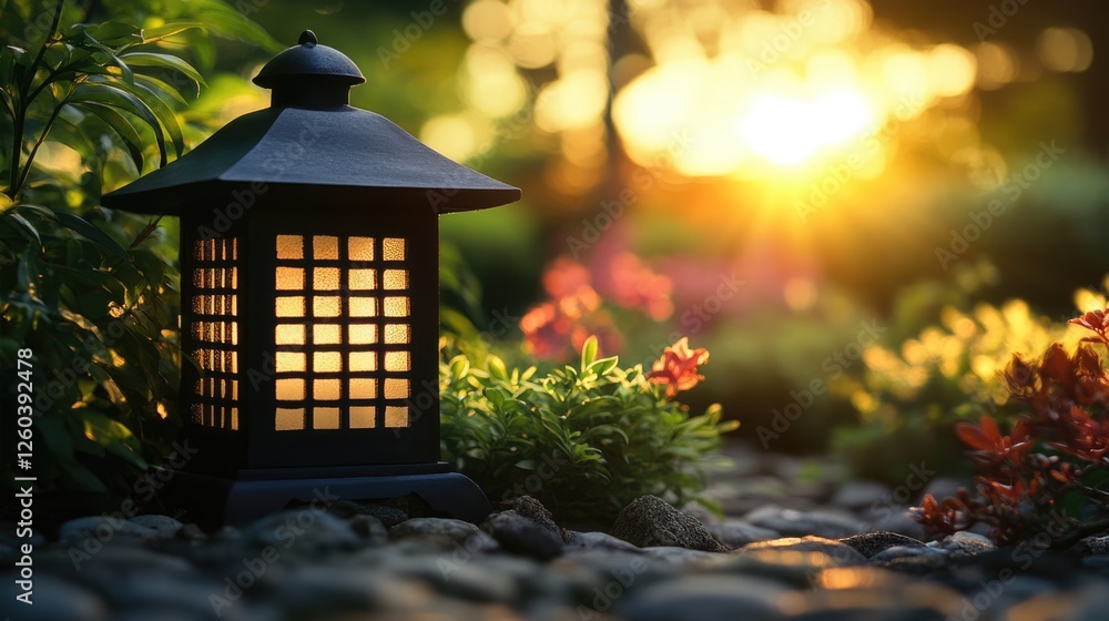 Aufkleber serene garden at sunrise featuring a lantern and vibrant plants with soft shadows creating an inviti
