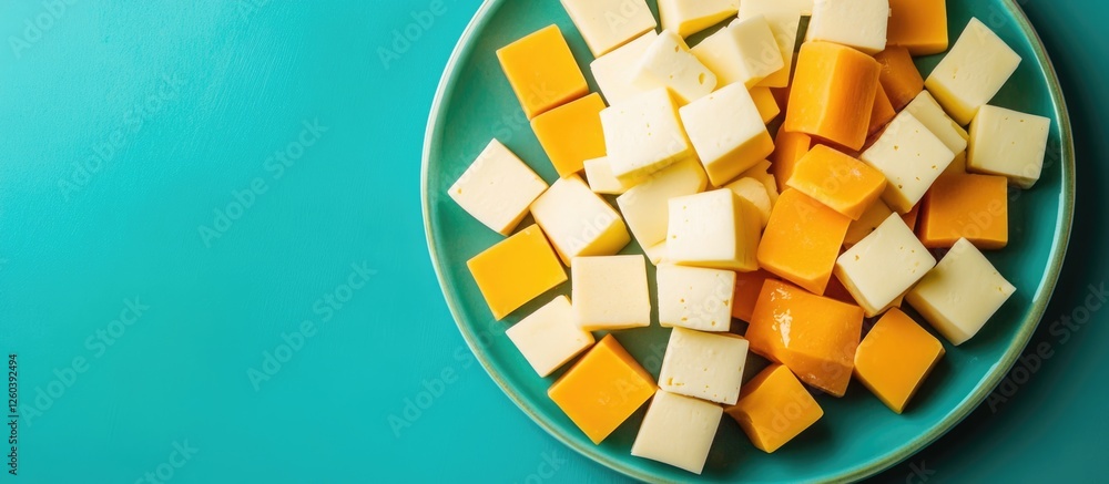 Aufkleber cubed vegan cheese assortment on a teal plate with ample space for text and branding in a modern foo