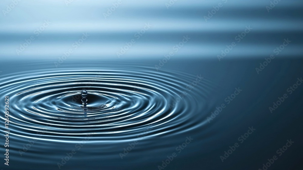 Poster close-up of a single drop of water falling into a pool of water. the water is a deep blue color and 