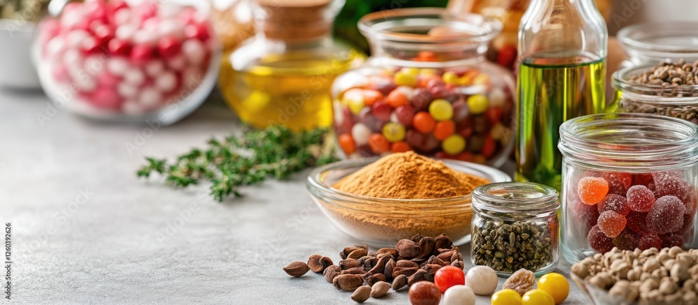 Poster colorful candies spices oils and herbs arranged on a market counter with empty space for text in a c