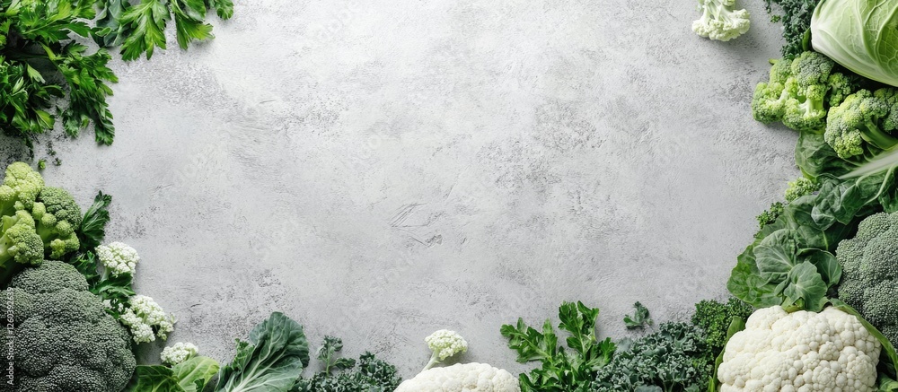 Poster fresh green vegetables surrounding stone table with empty space for text featuring broccoli chicory 