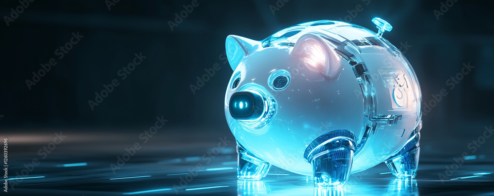 Poster futuristic robotic piggy bank with biometric features designed for secure saving and modern finance 