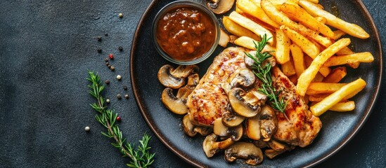 Delicious veal dish with sautÃ©ed mushrooms and golden French fries on a stylish plate with space for text and additional garnish.