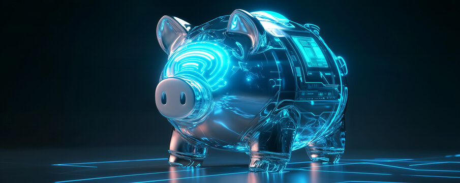 Futuristic robotic piggy bank utilizes biometric technology for secure savings and financial tracking