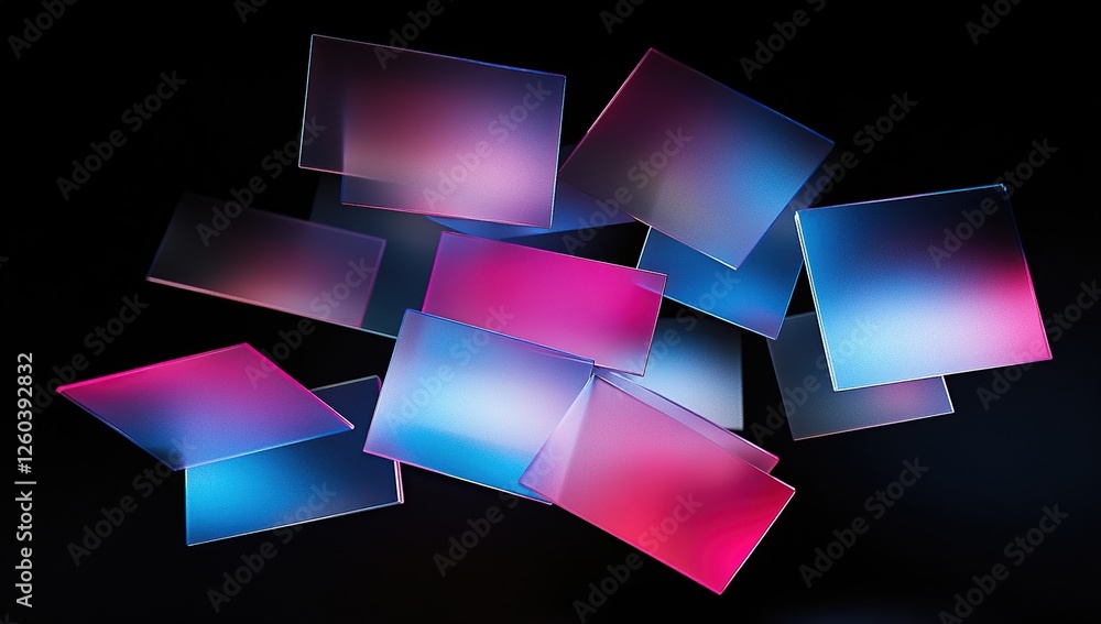 Poster abstract colorful squares float and shimmer in dark space: a dynamic visual composition of geometric