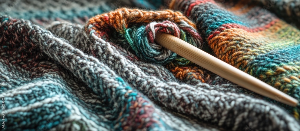 Poster textile background featuring colorful knitted fabric and wooden knitting needles in intricate patter