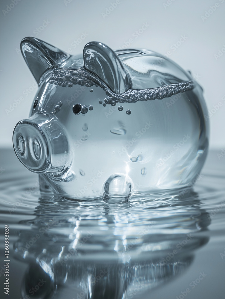 Poster minimalist piggy bank halfway submerged in clear water, creating a serene and tranquil atmosphere in