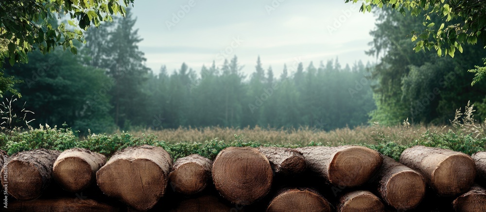 Poster serene timber landscape with logs and misty forest backdrop ideal for text overlay