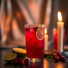 Cranberry lemonade with lime and ice, metallic background, selective focus