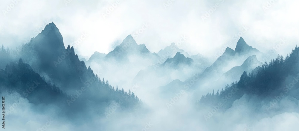 Poster vector landscape card design showcasing misty mountains with ample blank space for text placement an