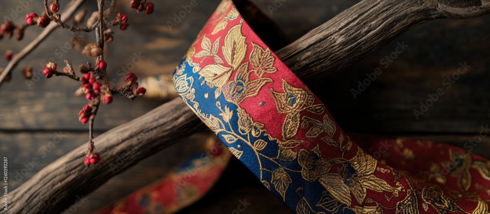 Poster thai style three color fabric tie displaying floral patterns on rustic background