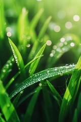 Naklejka premium Dew Drops on Lush Green Blades of Grass