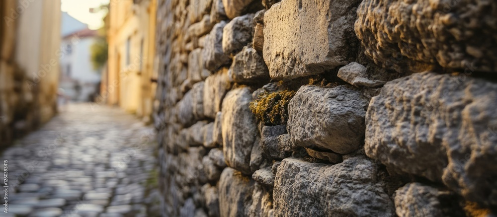 Aufkleber textured stone wall of a medieval city with cobblestone path enhancing historical architecture and r