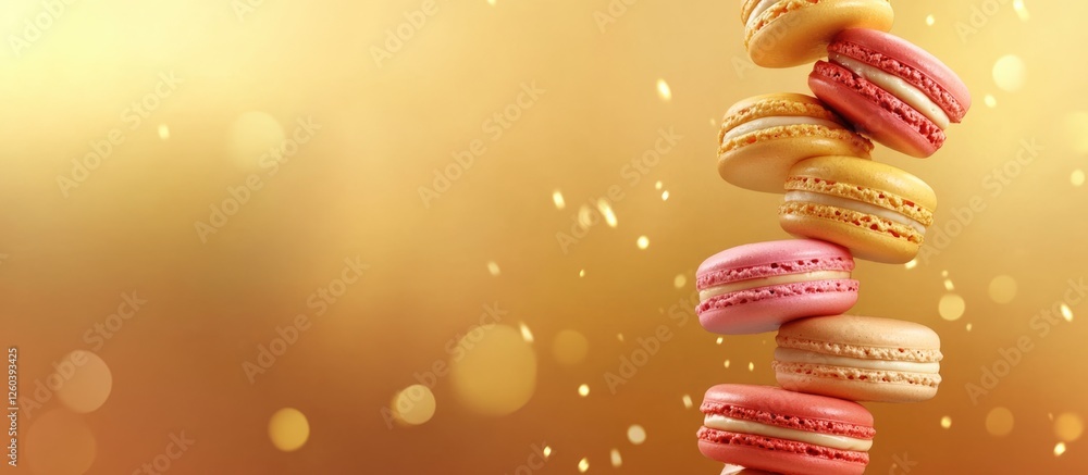 Poster elegant tower of colorful macarons and sweet desserts on a shimmering golden background with space f