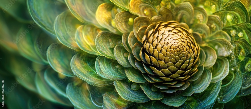 Poster abstract green and yellow pine cone design with intricate patterns and textures, showcasing nature's