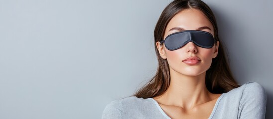 Fototapeta premium Relaxed woman in a sleep mask resting peacefully with a neutral background ideal for text placement and wellness themes