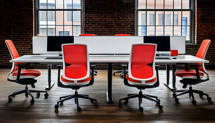 Modern office workspace with red ergonomic chairs, white desks, and large windows in a brick building. Ideal for business, technology, and workspace concepts.