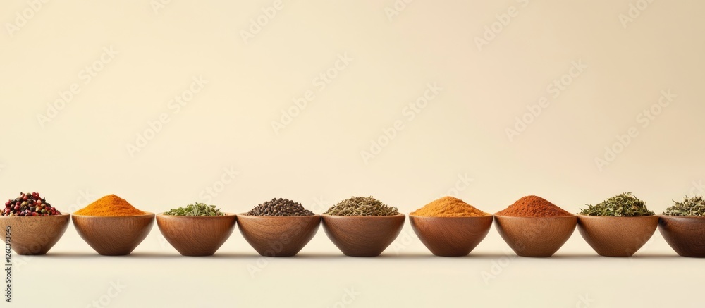 Poster aesthetic display of diverse spices and herbs in bowls with neutral background featuring space for t
