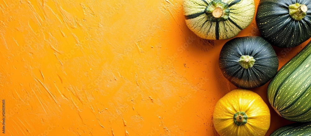 Poster colorful assortment of courgettes and zucchinis on an orange background with ample blank space for t