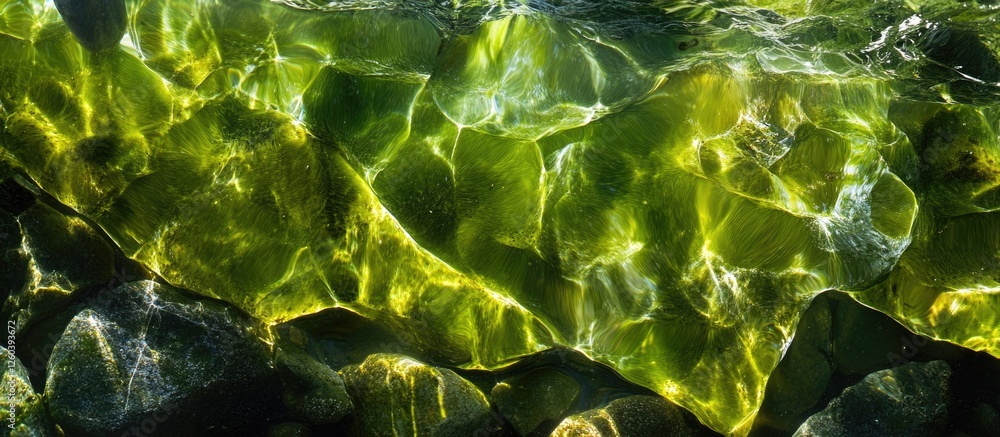 Poster underwater algae texture illuminated by sunlight in a flowing stream over a weir showcasing vibrant 
