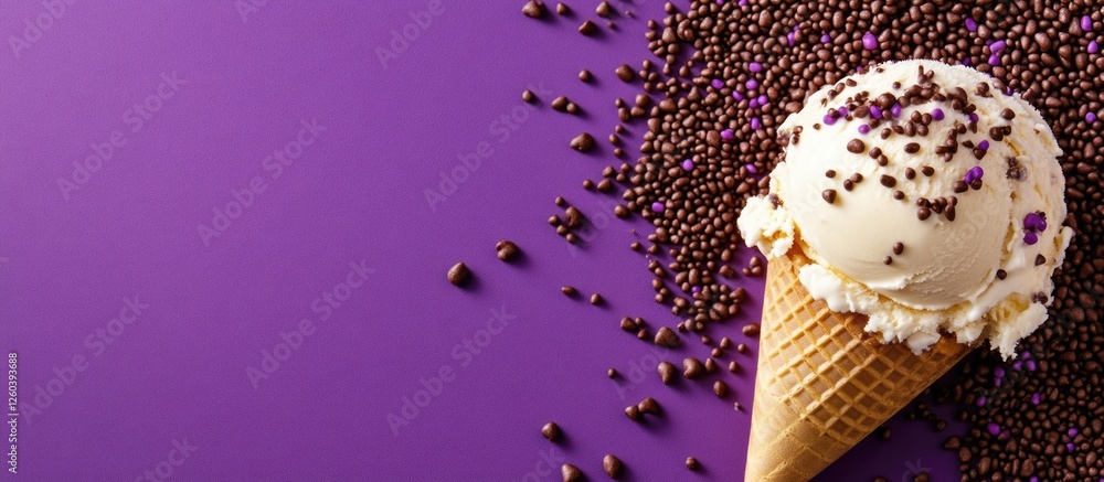 Poster vanilla ice cream cone topped with chocolate sprinkles on a vibrant purple background with empty spa