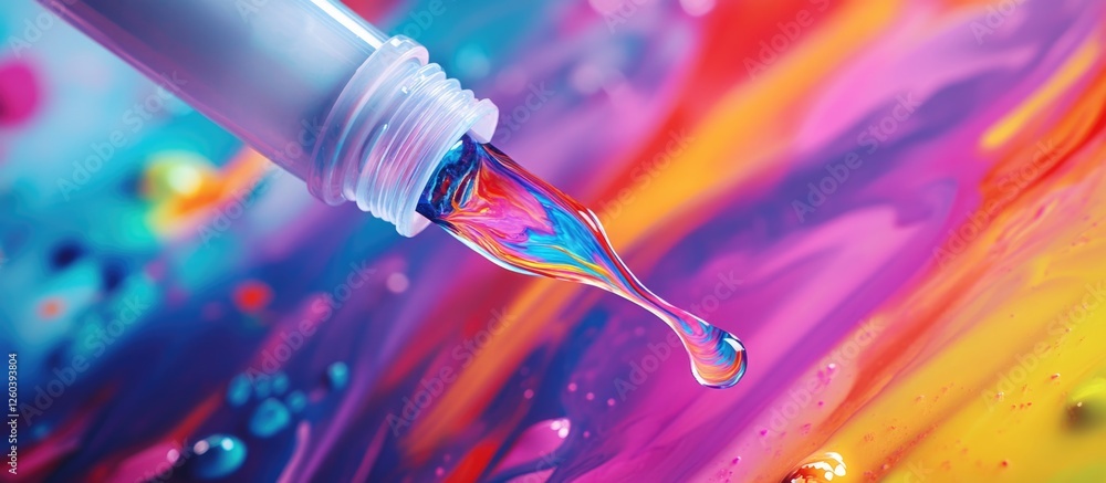 Poster vivid drop of paint dripping from an open plastic tube against a colorful abstract background of swi