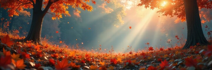 The air is filled with the sweet scent of autumn flowers, wafting through the misty atmosphere, fragrance, foliage, scent