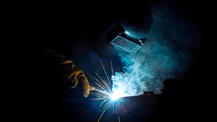 Skilled welder working on metal fabrication in an industrial workshop during early evening hours