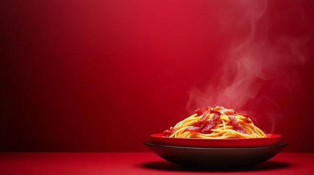A steaming plate of spaghetti topped with sauce, set against a vibrant red background